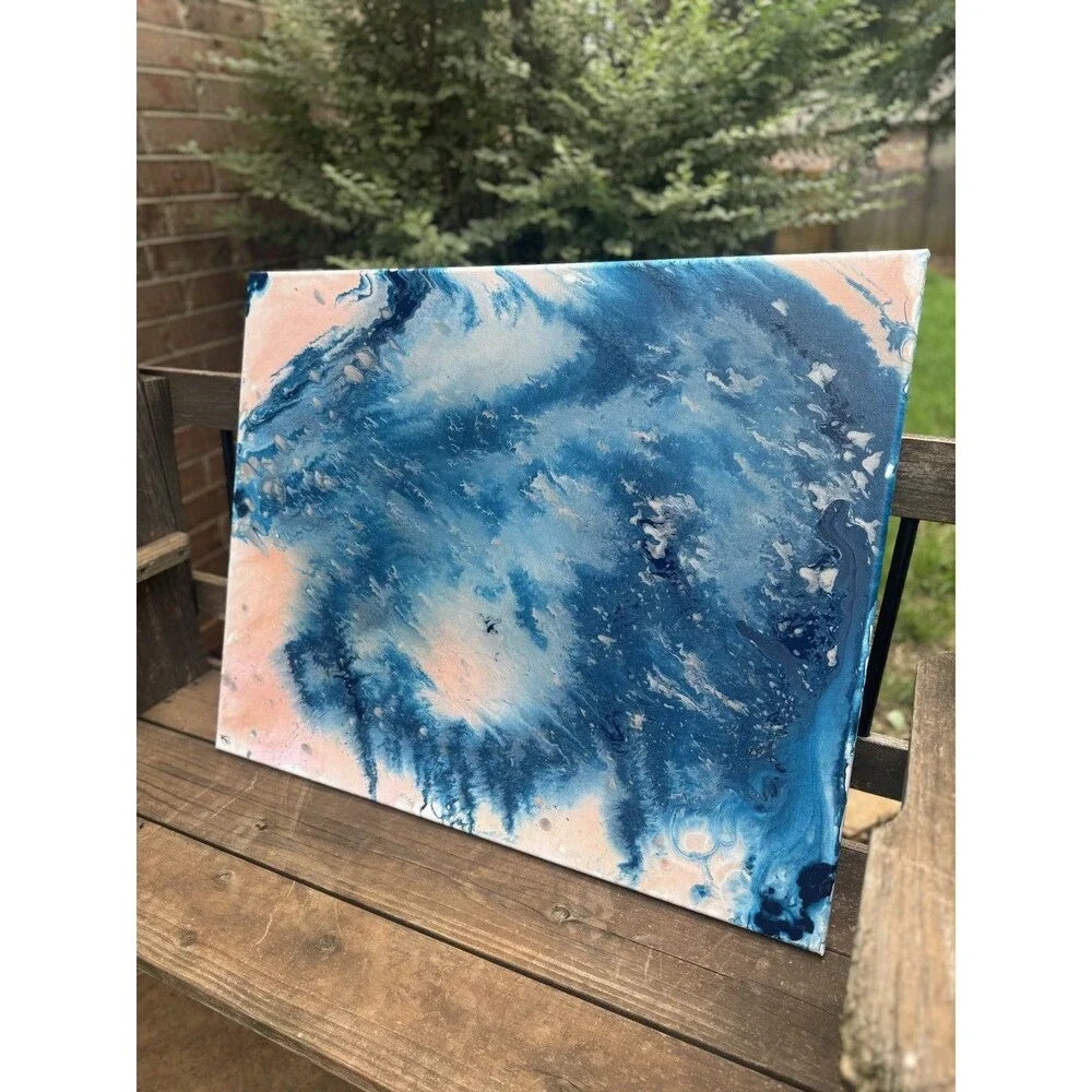 Original Abstract Painting Blue & Blush Pink Coastal Forest Wall Art – 24” x 30”
